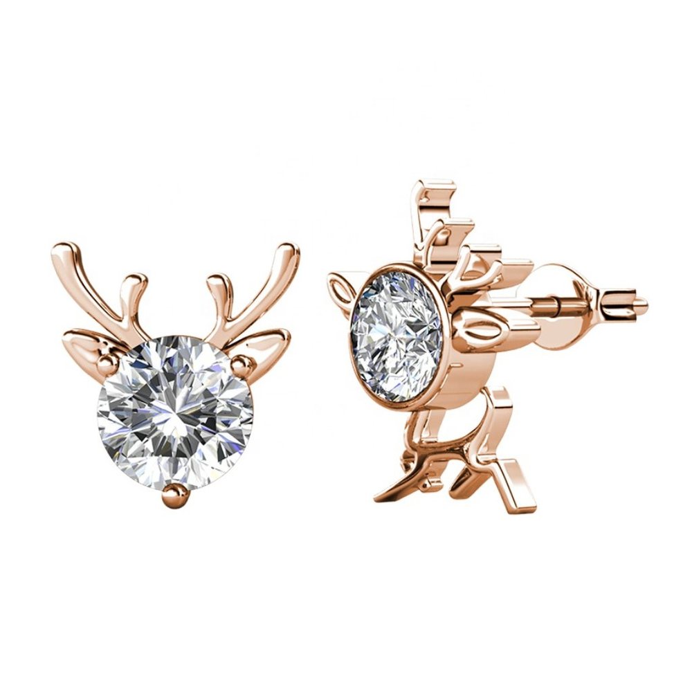 Asymmetric Reindeer Antlers 18K Rose Gold Stud Earring With Swarovski Crystal - Picture 3 of 7